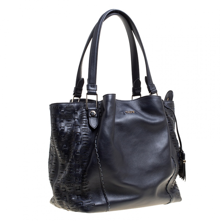 Pre Owned Tod's Black Laser Cut Leather Medium Flower Tote