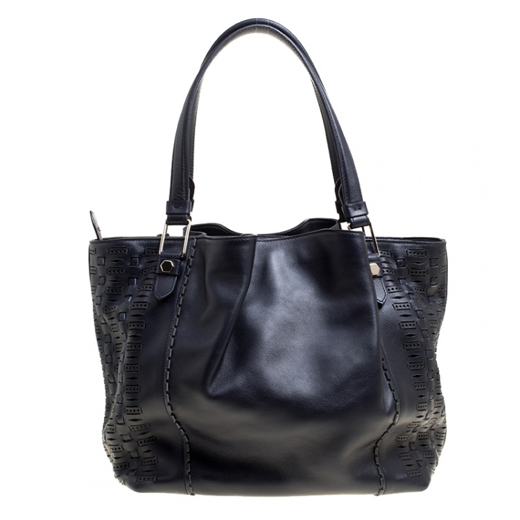 Pre Owned Tod's Black Laser Cut Leather Medium Flower Tote
