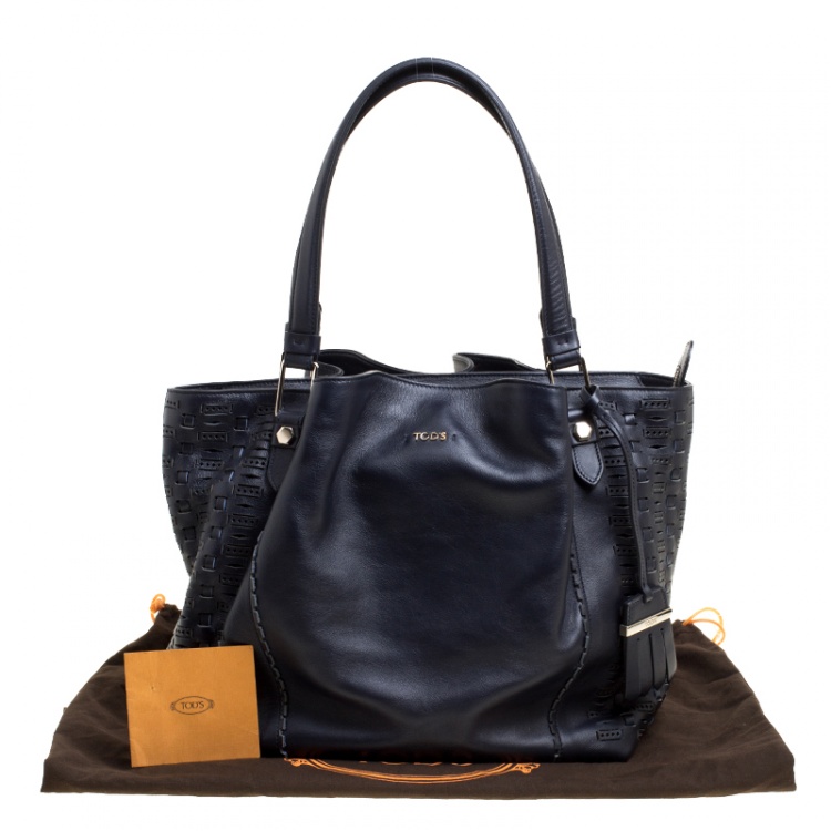 Pre Owned Tod's Black Laser Cut Leather Medium Flower Tote