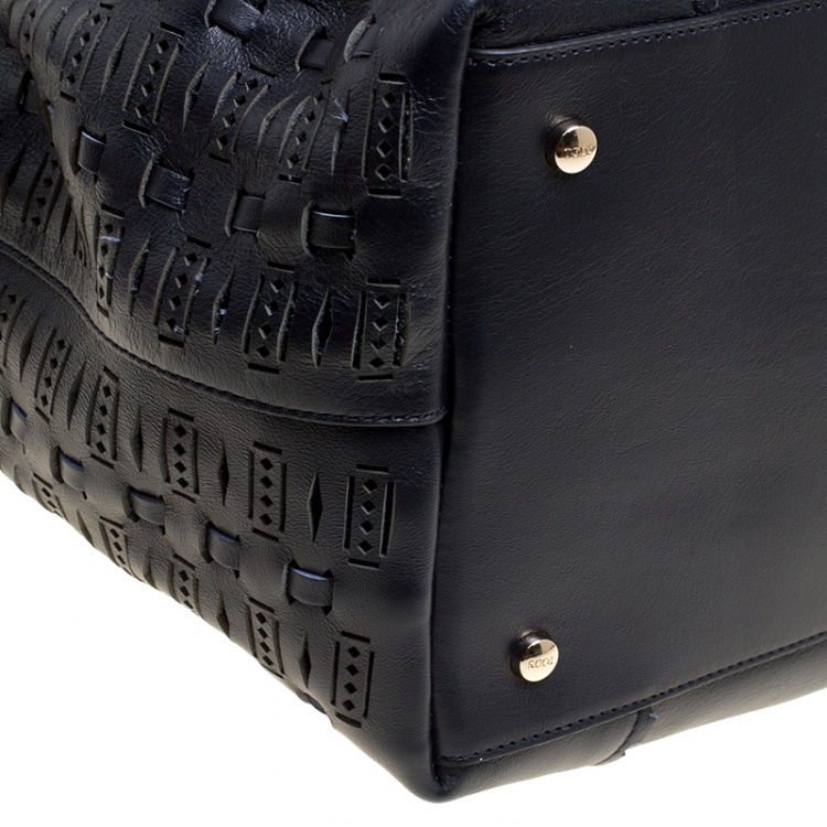 Pre Owned Tod's Black Laser Cut Leather Medium Flower Tote