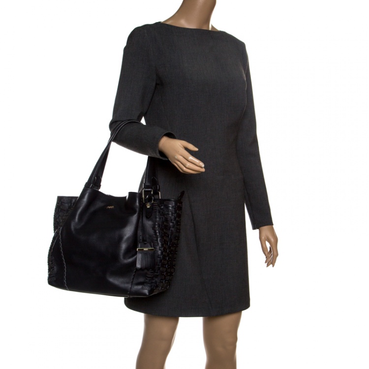 Pre Owned Tod's Black Laser Cut Leather Medium Flower Tote