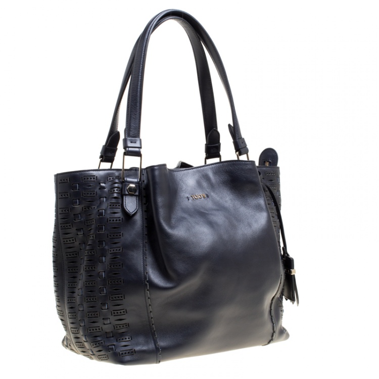 Pre Owned Tod's Black Laser Cut Leather Medium Flower Tote