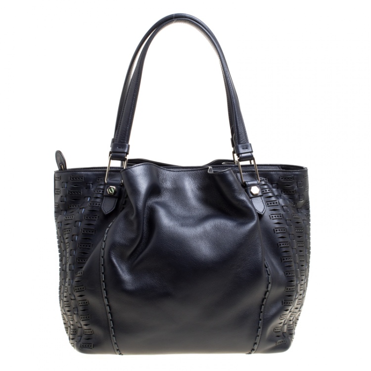 Pre Owned Tod's Black Laser Cut Leather Medium Flower Tote