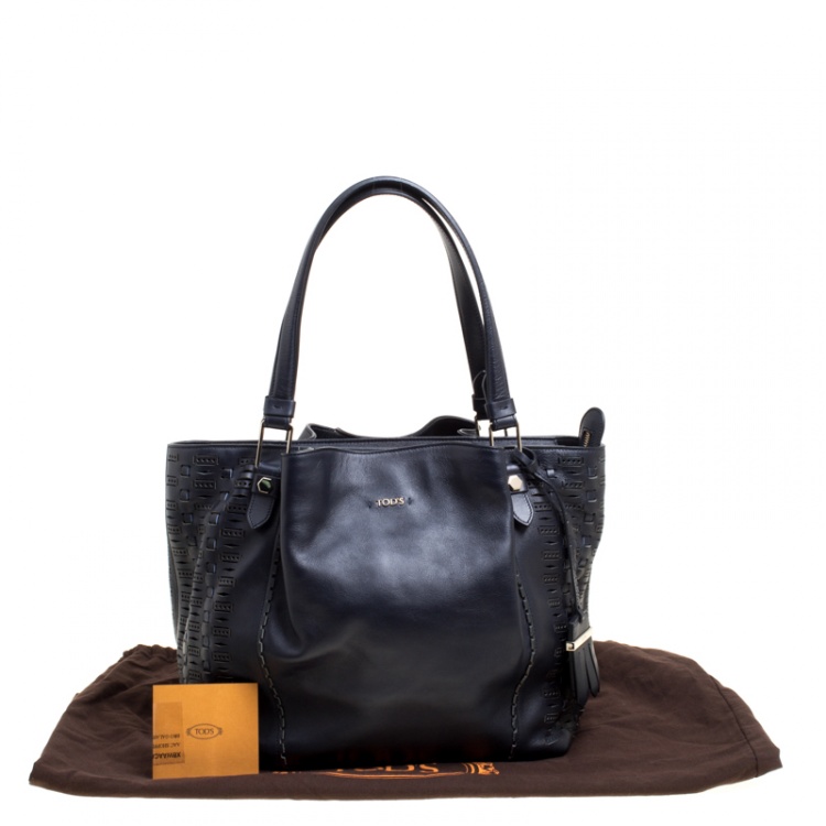 Pre Owned Tod's Black Laser Cut Leather Medium Flower Tote