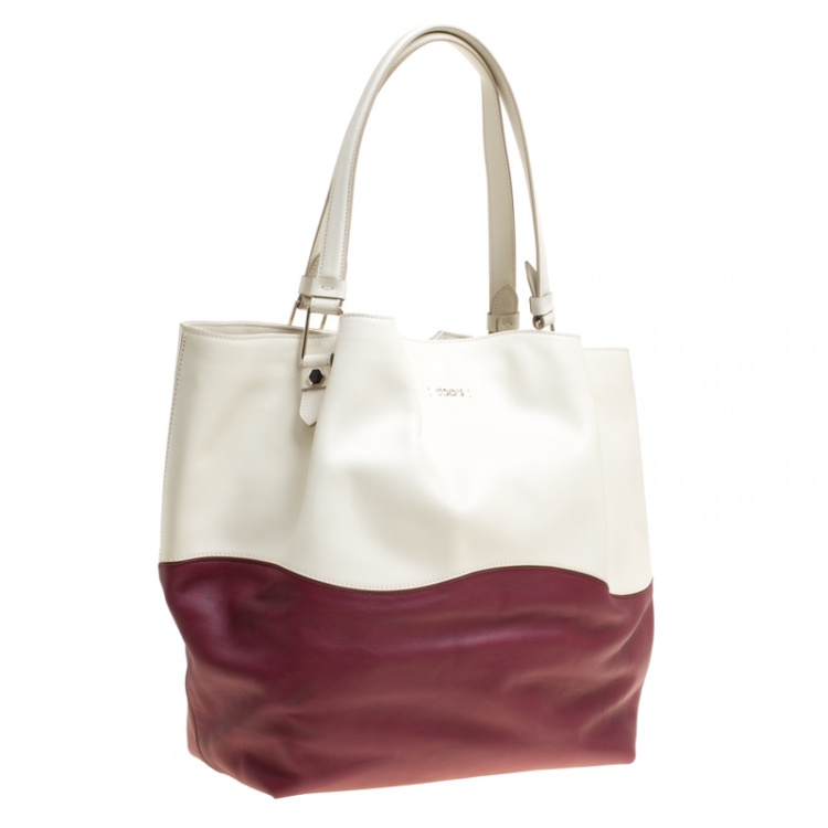 Pre Owned Tod's White/Burgundy Leather Medium Flower Tote