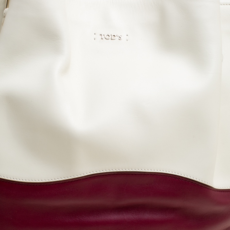 Pre Owned Tod's White/Burgundy Leather Medium Flower Tote