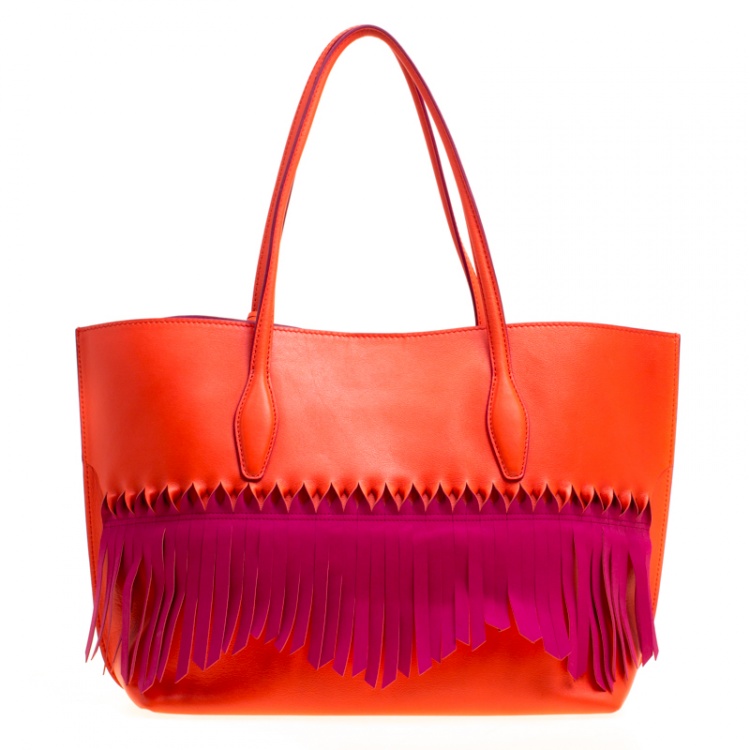 Pre Owned Tod's Coral Red/Fuchsia Pink Leather Origami Fringe Shopping Tote