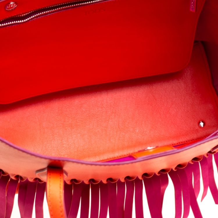 Pre Owned Tod's Coral Red/Fuchsia Pink Leather Origami Fringe Shopping Tote