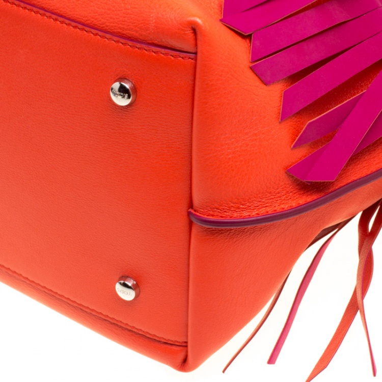 Pre Owned Tod's Coral Red/Fuchsia Pink Leather Origami Fringe Shopping Tote