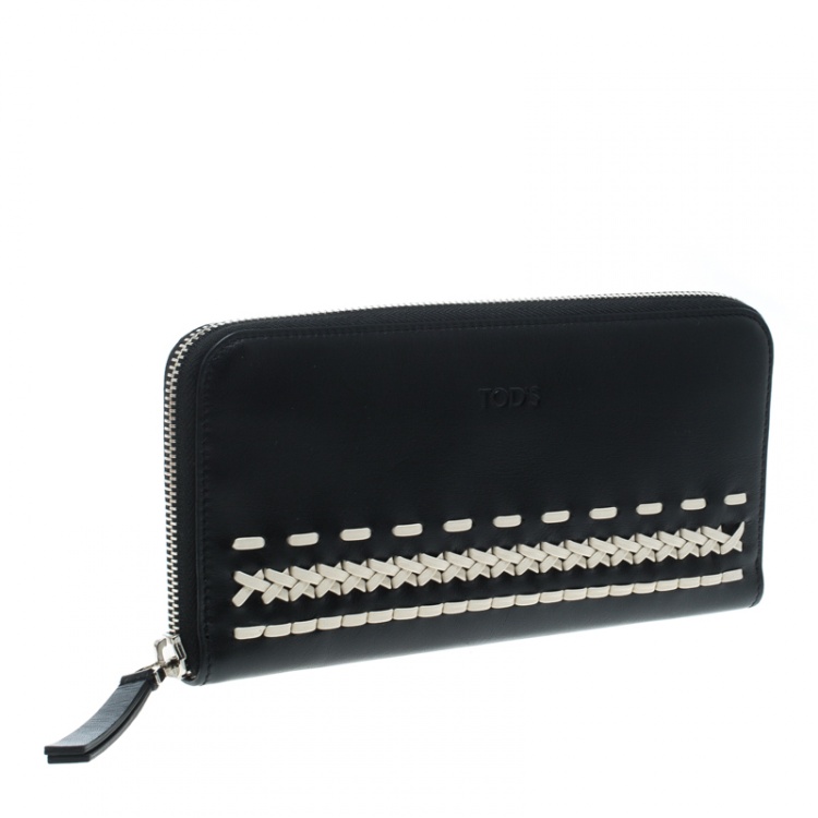Pre Owned Tod's Black/White Woven Detail Leather Zip Around Wallet