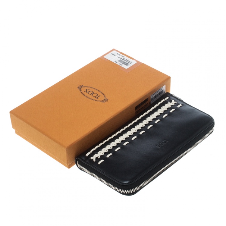 Pre Owned Tod's Black/White Woven Detail Leather Zip Around Wallet
