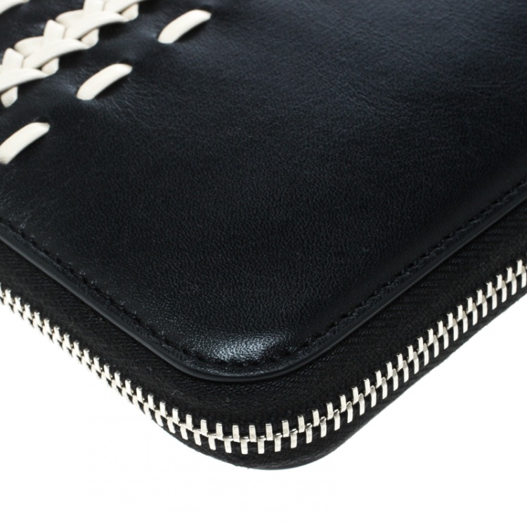 Pre Owned Tod's Black/White Woven Detail Leather Zip Around Wallet