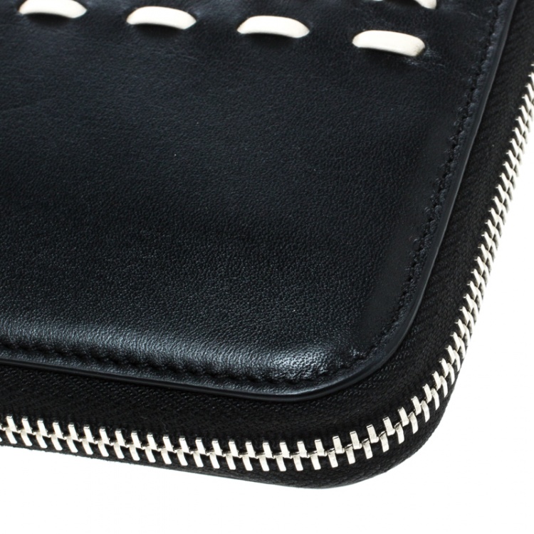 Pre Owned Tod's Black/White Woven Detail Leather Zip Around Wallet