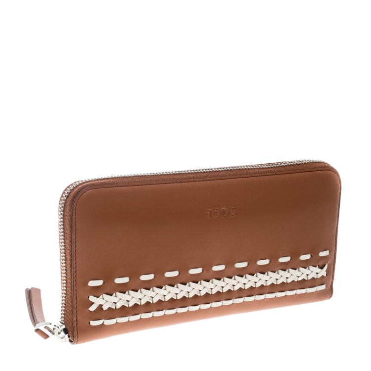 Pre Owned Tod's Brown/White Leather Woven Detail Zip Around Continental Wallet