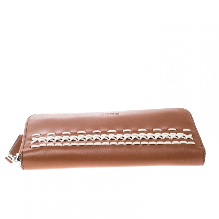 Pre Owned Tod's Brown/White Leather Woven Detail Zip Around Continental Wallet