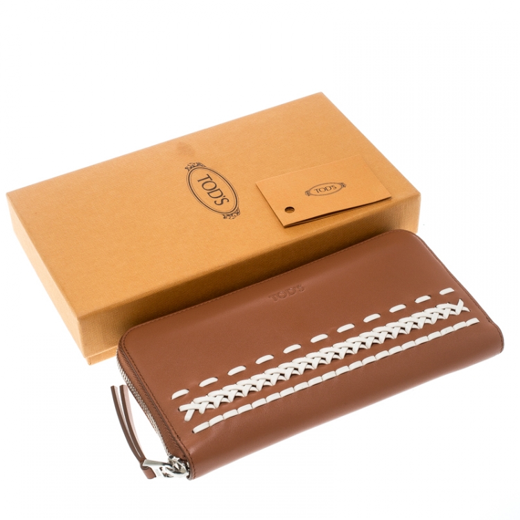 Pre Owned Tod's Brown/White Leather Woven Detail Zip Around Continental Wallet