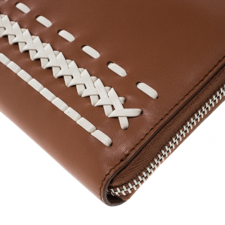 Pre Owned Tod's Brown/White Leather Woven Detail Zip Around Continental Wallet