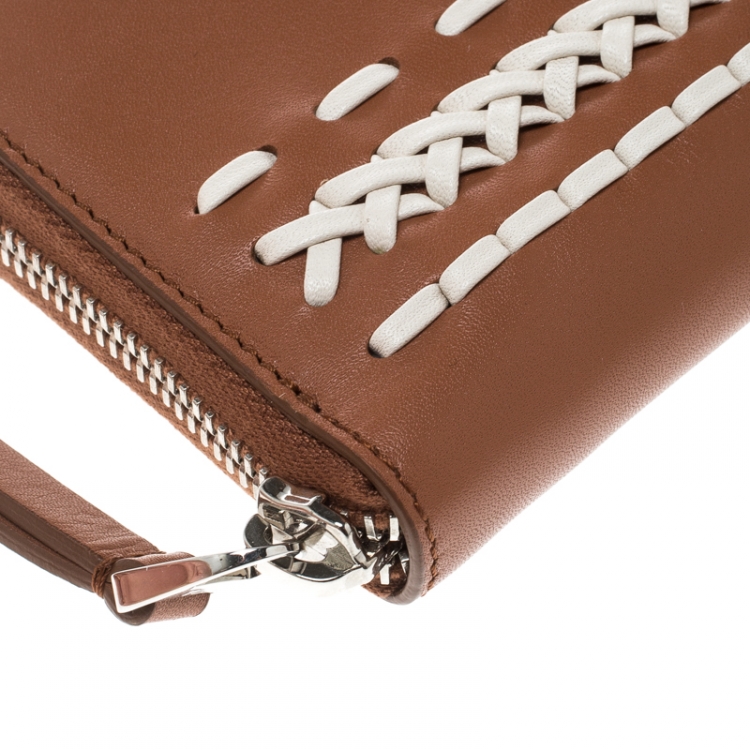 Pre Owned Tod's Brown/White Leather Woven Detail Zip Around Continental Wallet