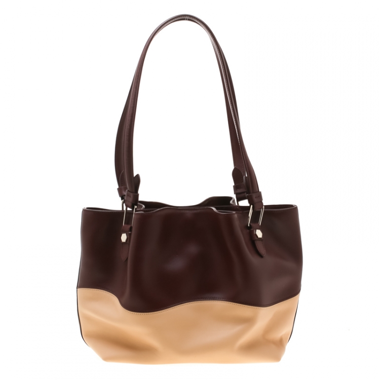 Pre Owned Tod's Burgundy/Beige Leather Small Flower Shopper Tote