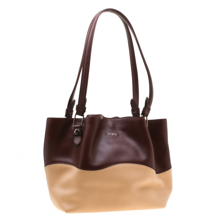 Pre Owned Tod's Burgundy/Beige Leather Small Flower Shopper Tote