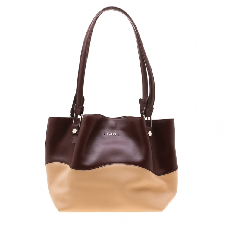 Pre Owned Tod's Burgundy/Beige Leather Small Flower Shopper Tote