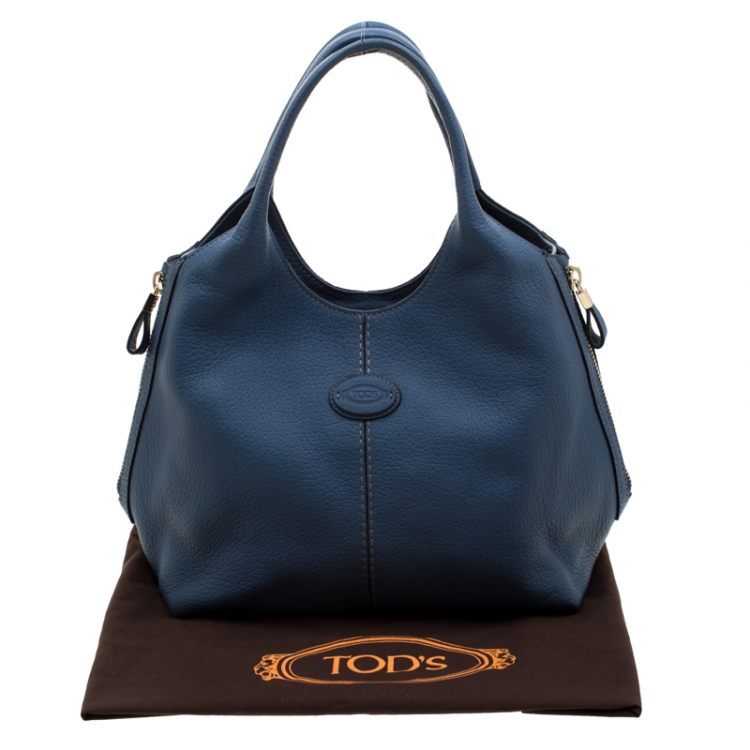 Pre Owned Tod's Teal Blue Pebbled Leather Zip Tote