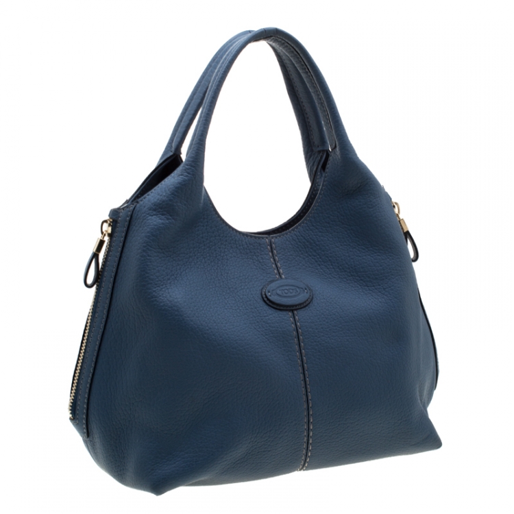 Pre Owned Tod's Teal Blue Pebbled Leather Zip Tote