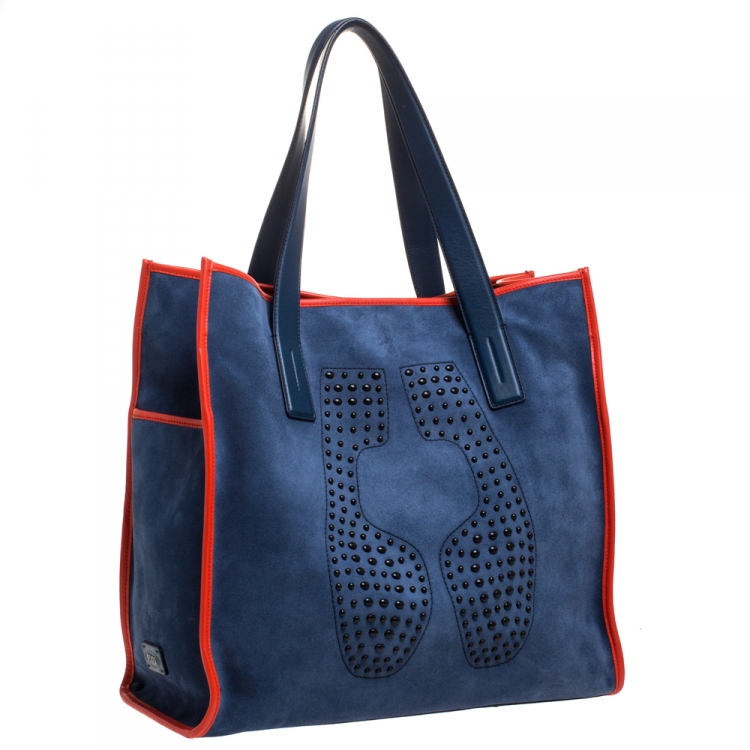 Pre Owned Tod's Blue Leather Script Impronte Shopper Tote