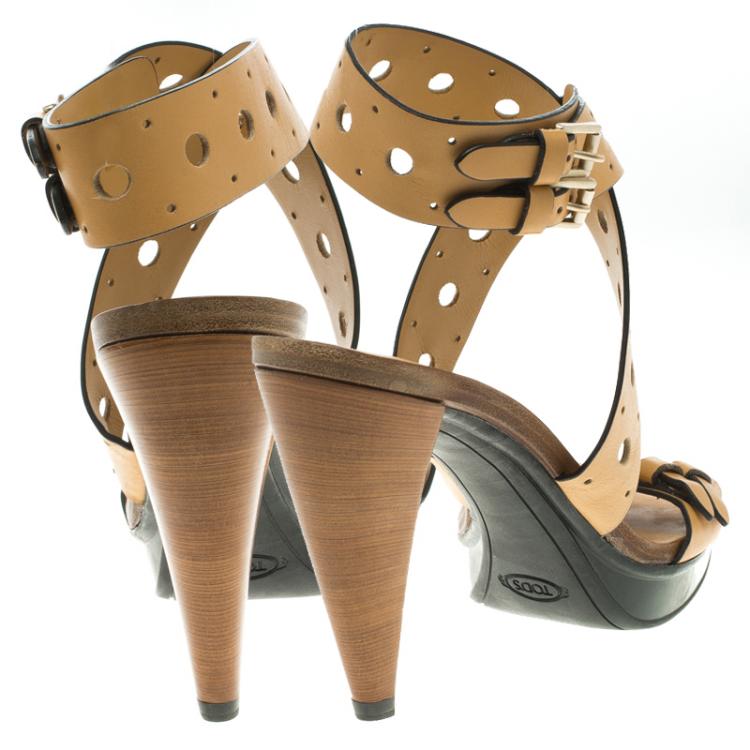 Pre Owned Tod's Brown Leather Cut Out Criss Cross Ankle Strap Platform Heel Sandals Size 39.5