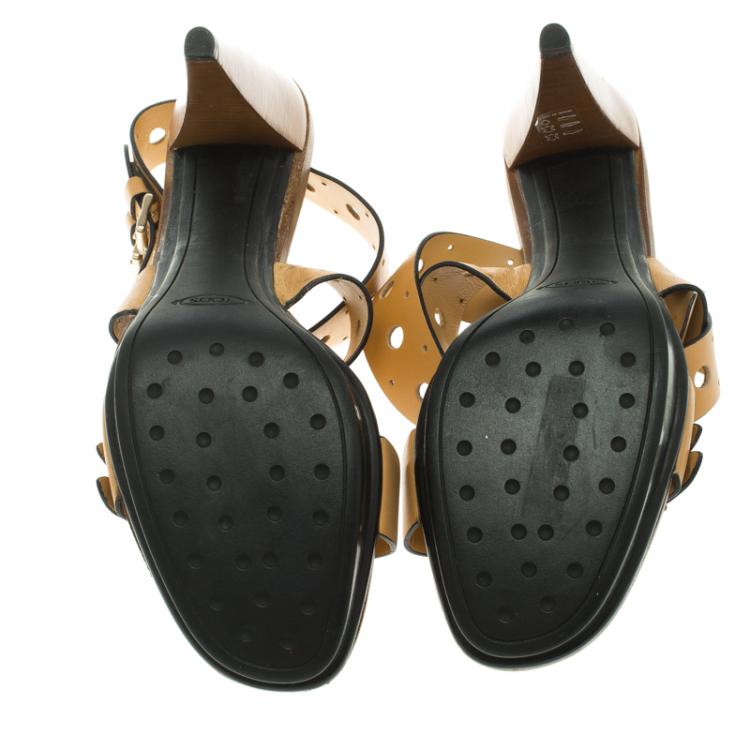 Pre Owned Tod's Brown Leather Cut Out Criss Cross Ankle Strap Platform Heel Sandals Size 39.5