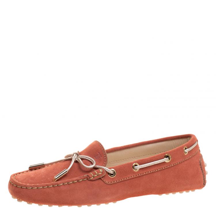 Pre Owned Tod's Coral Orange Suede Bow Loafers Size 37