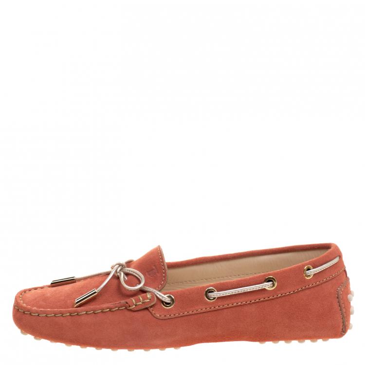 Pre Owned Tod's Coral Orange Suede Bow Loafers Size 37