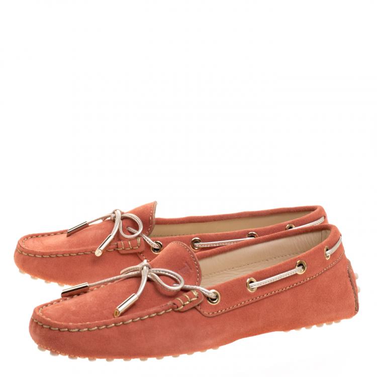Pre Owned Tod's Coral Orange Suede Bow Loafers Size 37