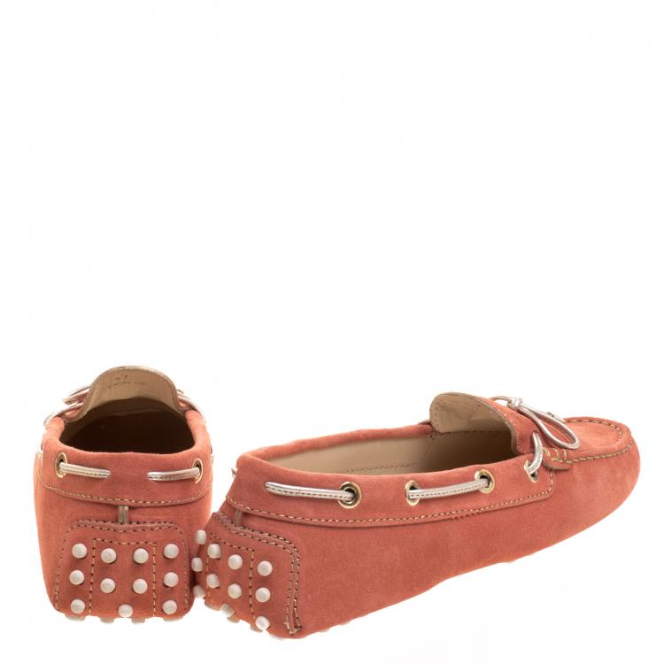 Pre Owned Tod's Coral Orange Suede Bow Loafers Size 37