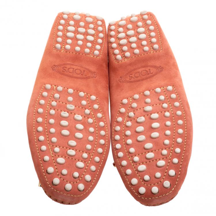 Pre Owned Tod's Coral Orange Suede Bow Loafers Size 37