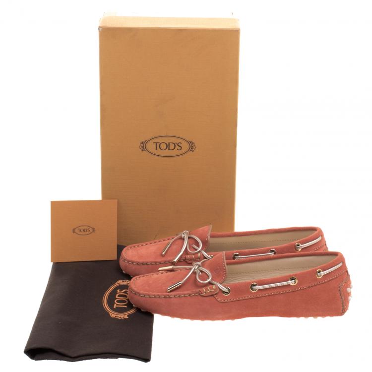 Pre Owned Tod's Coral Orange Suede Bow Loafers Size 37