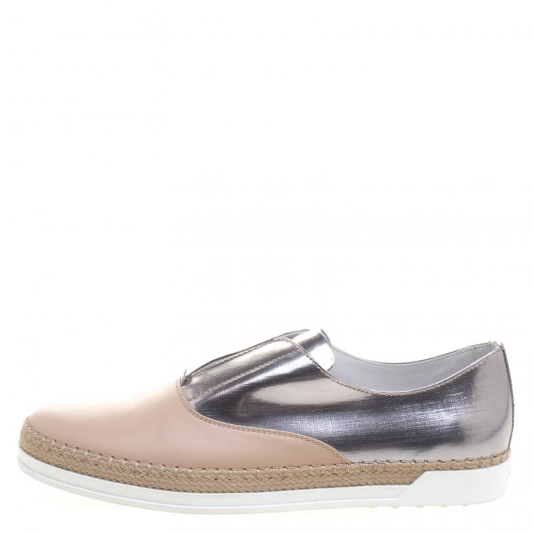 Pre Owned Tod's Metallic Silver and Blush Pink Leather Francesina Slip On Espadrille Sneakers Size 40