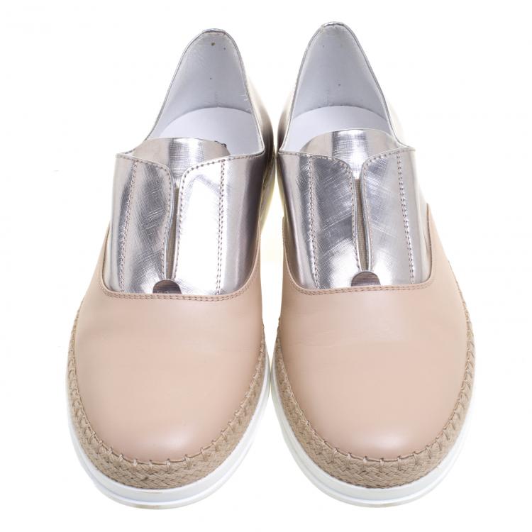 Pre Owned Tod's Metallic Silver and Blush Pink Leather Francesina Slip On Espadrille Sneakers Size 40