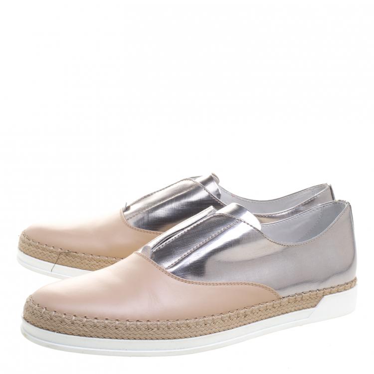 Pre Owned Tod's Metallic Silver and Blush Pink Leather Francesina Slip On Espadrille Sneakers Size 40