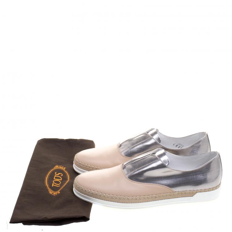 Pre Owned Tod's Metallic Silver and Blush Pink Leather Francesina Slip On Espadrille Sneakers Size 40