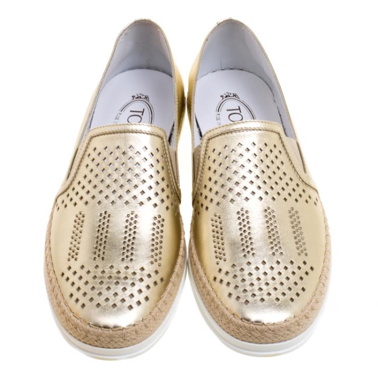 Pre Owned Tod's Metallic Light Gold Laser Cut Leather Espadrille Slip On Sneakers Size 41