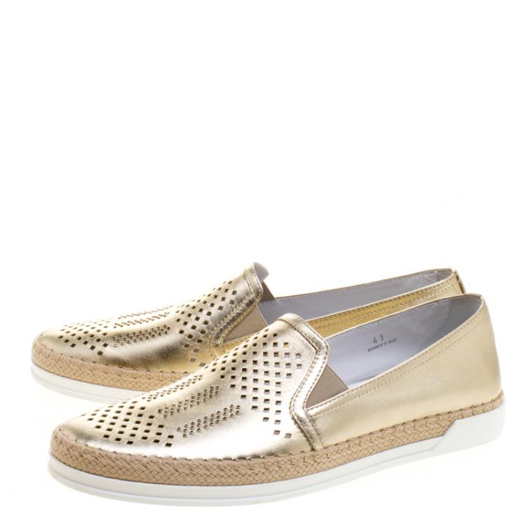 Pre Owned Tod's Metallic Light Gold Laser Cut Leather Espadrille Slip On Sneakers Size 41