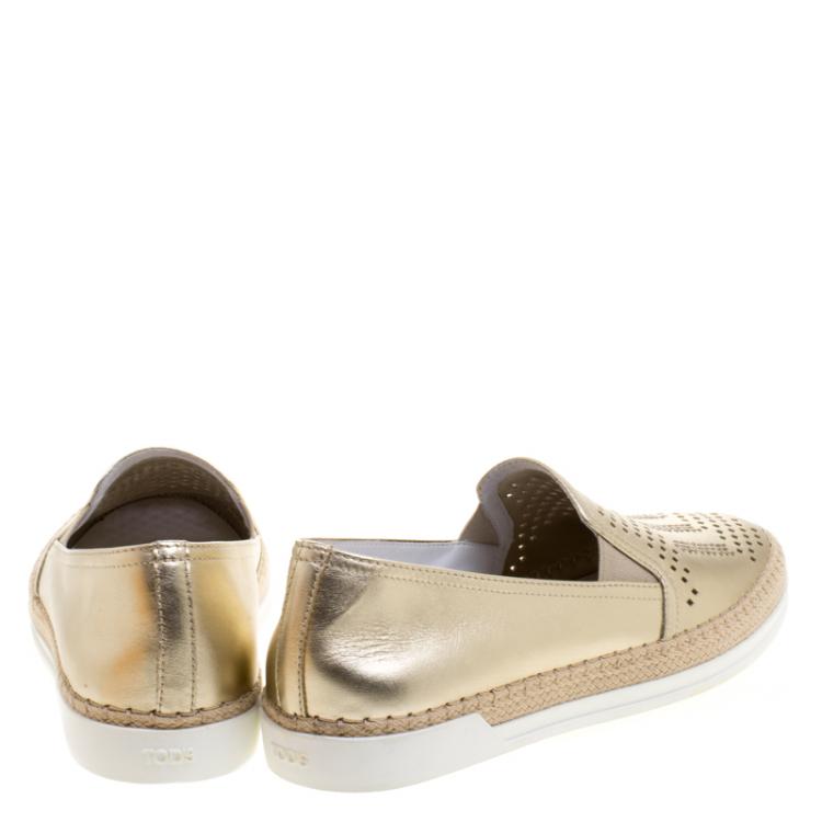 Pre Owned Tod's Metallic Light Gold Laser Cut Leather Espadrille Slip On Sneakers Size 41