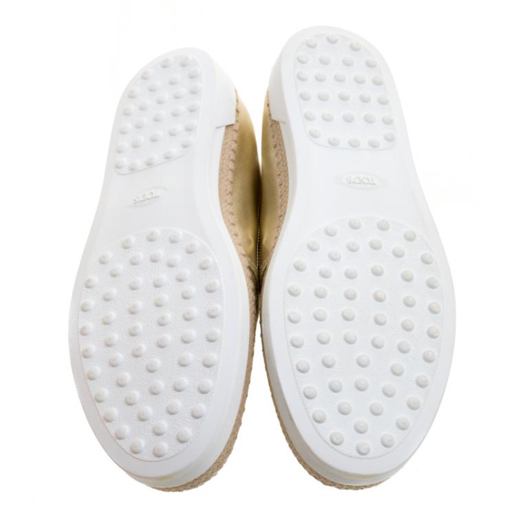Pre Owned Tod's Metallic Light Gold Laser Cut Leather Espadrille Slip On Sneakers Size 41
