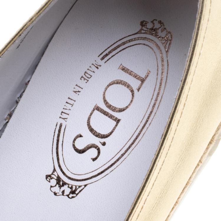 Pre Owned Tod's Metallic Light Gold Laser Cut Leather Espadrille Slip On Sneakers Size 41
