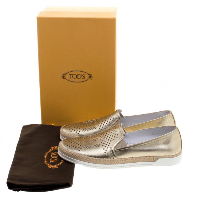 Pre Owned Tod's Metallic Light Gold Laser Cut Leather Espadrille Slip On Sneakers Size 41