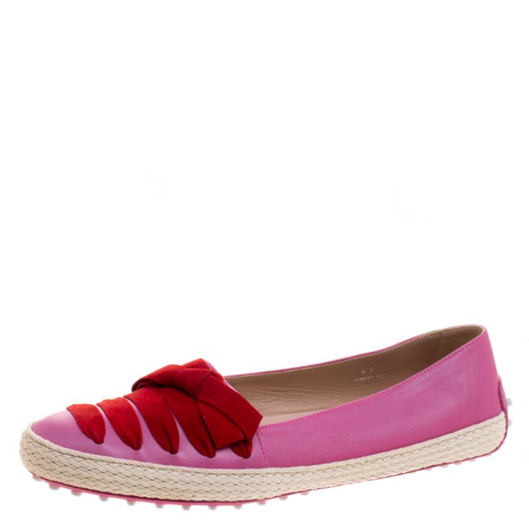 Pre Owned Tod's Pink Leather And Suede Ribbon Espadrille Loafers Size 41