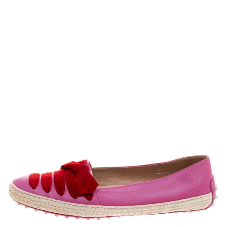 Pre Owned Tod's Pink Leather And Suede Ribbon Espadrille Loafers Size 41