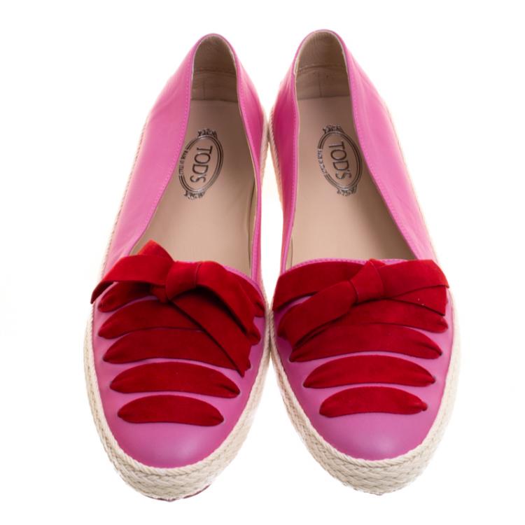 Pre Owned Tod's Pink Leather And Suede Ribbon Espadrille Loafers Size 41