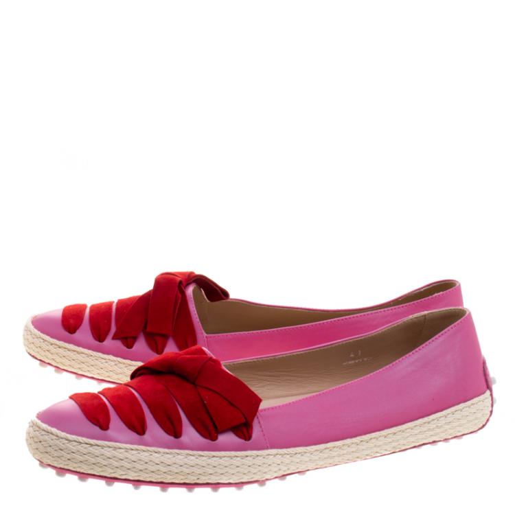 Pre Owned Tod's Pink Leather And Suede Ribbon Espadrille Loafers Size 41